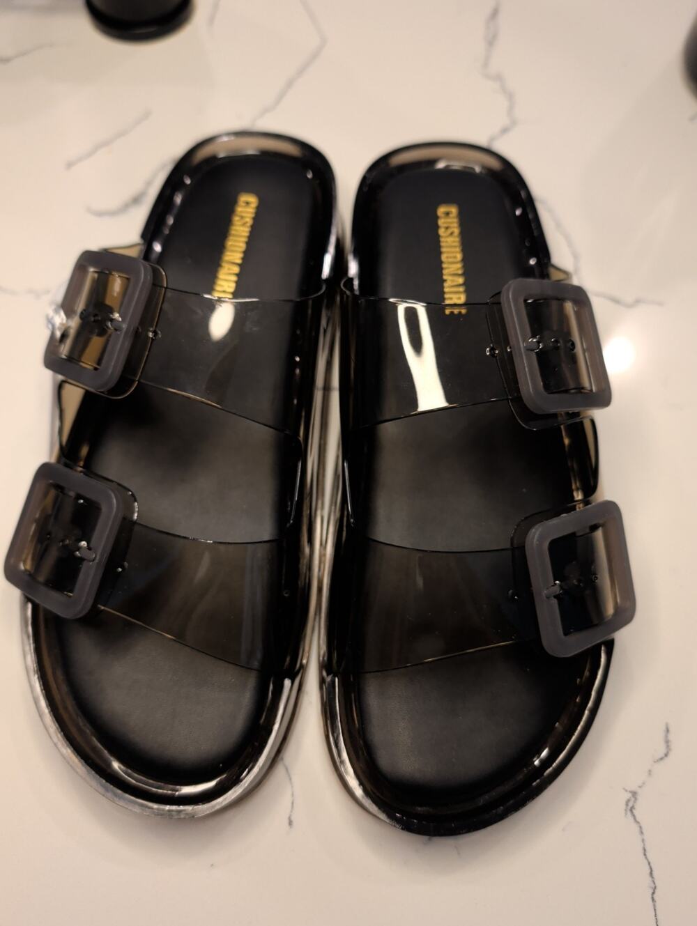 Cushionaire Women's Pool Slides Jelly Sandals Clear Black Double Buckle NWT Size